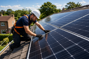 Technician Inspecting Solar Panels on a UK Home